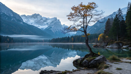 Majestic mountain range reflecting in the calm lake at sunrise, with a solitary tree standing on the shore, creating a serene and picturesque landscape