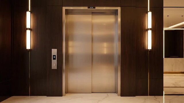 A modern elevator with a sleek, metallic door, set in a wood-paneled lobby with warm lighting