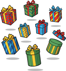 A vibrant collection of nine cartoonstyle gift boxes with colorful wrapping paper festive bows and various patterns.