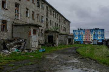 Cold War decay: dead Soviet era panel buildings in abandoned ghost town Ugolnye Kopi, defunct coal miners place in Chukotka, Russian north.
