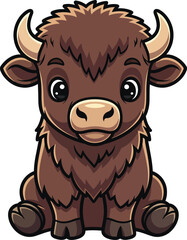 Adorable baby bison cartoon character sitting with shaggy brown fur small horns and big expressive eyes.