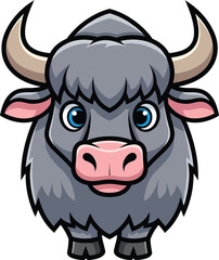 Adorable cartoon yak with shaggy gray fur big blue eyes and a friendly expression.