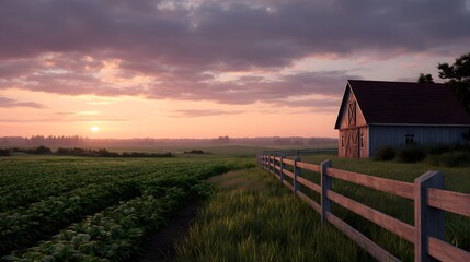 A picturesque rural landscape at sunset featuring a barn and a wooden fence beside a field of crops
