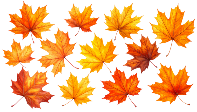  Assorted Fall Maple Leaves Set, isolated on transparent background