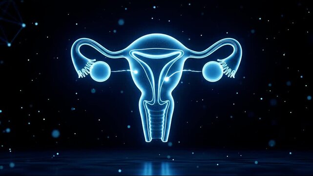 Futuristic 3D Animation of Female Reproductive System with Glowing Digital Uterus, Ovaries, and Fallopian Tubes in a High-Tech Medical Science Interface