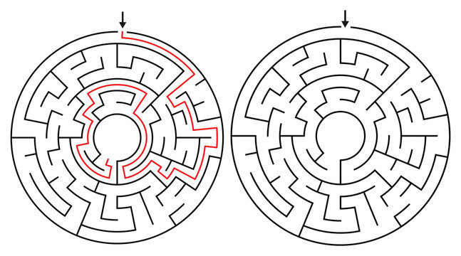 Round Maze Game for Kids and Adults - Simple and Easy Circular Maze Game Flat Vector Black and White Outline Illustration - Problem Solving Game kdp.