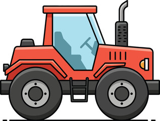 Cartoon Red Farm Tractor with Large Black Wheels and Cab.