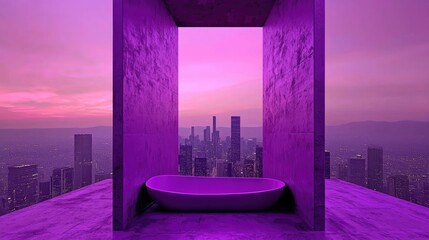 Purple architectural structure with urban cityscape view and bath.