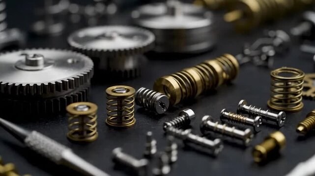 A close-up shot of various metal watch parts, gears, and screws, arranged on a black surface