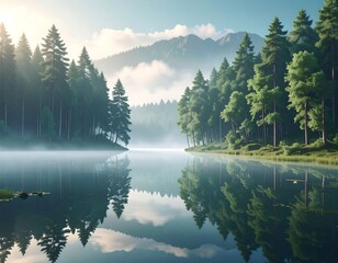 A serene lake, framed by lush trees, mirrors the sky & mountains. Mist blankets the water, creating a tranquil scene in nature