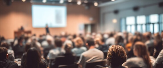 Audience with blurred speaker giving presentation in bright university workshop lecture hall background. Scientific conference presentation event, training, meeting. High quality