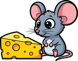 Cute grey cartoon mouse with big pink ears sitting next to a wedge of Swiss cheese.