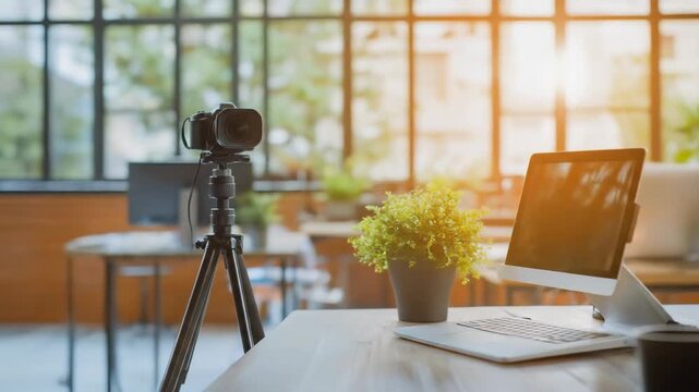 Camera and computer equipment on workspace for photography or videography setup