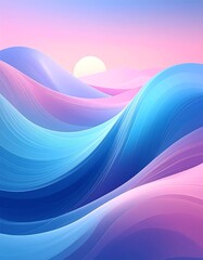 A serene landscape depicting stylized, flowing hills with a gradient of pink, blue, and white, and a soft, circular sun