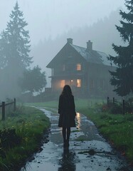 A person walks towards a house on a misty, rainy path. Lush greenery borders the pathway and a dark silhouette