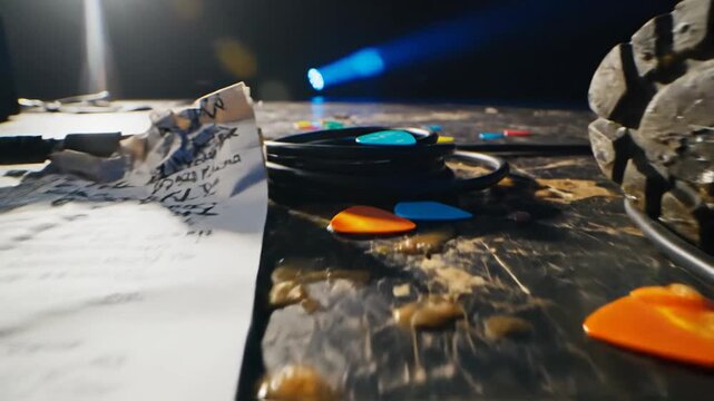 A gritty scene: guitar picks, cables, and a boot on a weathered surface with moody lighting