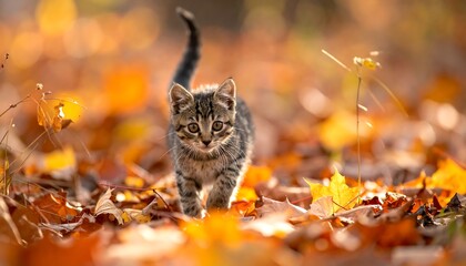 A tiny, striped feline walks towards the viewer amidst fallen, colorful leaves in a sunlit autumnal setting