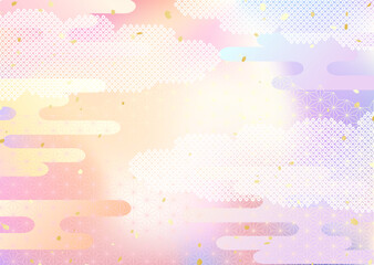 空のグラデーションと日本の伝統的な模様を組み合わせた和風背景イラスト
