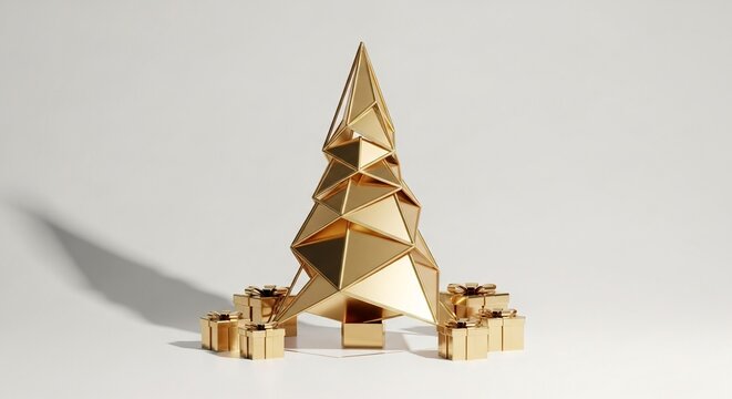 Golden geometric Christmas tree with presents on a white background, symbolizing modern holiday celebration and luxury. - Powered by Adobe