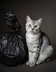 A silver tabby cat with green eyes sits beside a black trash bag against a dark grey backdrop, posed for a portrait