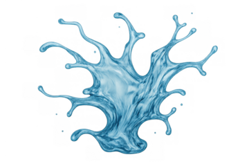 Blue liquid splash showing dynamic movement, fluid form, and clear water drops. Transparent background