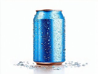 A blue beverage can covered in water droplets sits on a white surface with more water droplets around it.