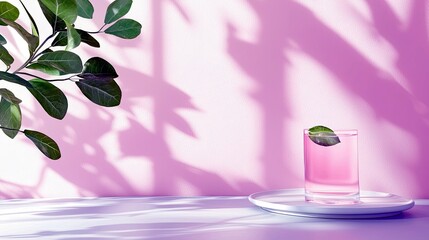 A glass of pink liquid with a leaf garnish is placed on a white plate, with green leaves and shadow patterns in the background.