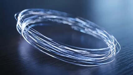 Dynamic blue glowing optical fiber cables abstractly coiled on a sleek dark surface symbolizing futuristic technology high-speed data transfer and digital communication