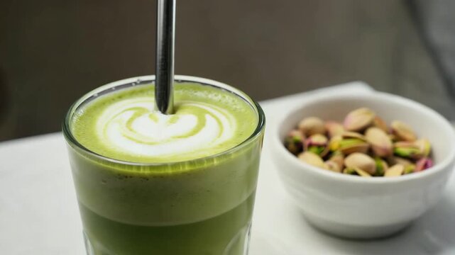 Freshly delicious pistachio matcha latte with creamy texture in glass. Dairy-free drink coffee with latte art,  whipped cream, mint and green pistachios. Cafe and cafeteria advertisement menu