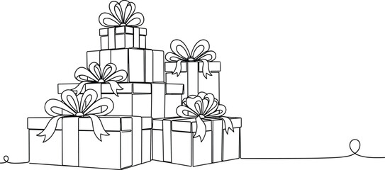Stacked gift boxes illustration, festive present line art drawing with ribbons and bows, holiday outline design for celebration and decoration