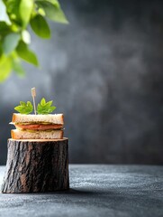 A small, neatly made sandwich with visible fillings and a decorative skewer is presented on a rough-hewn tree stump, with soft green leaves in the upper left co