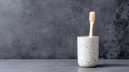 A bamboo toothbrush in a speckled holder is placed on a gray surface against a dark gray textured wall, suggesting a clean and minimalist bathroom setting.