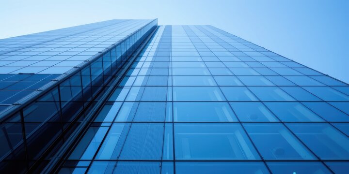 Modern skyscraper with reflective glass facade under clear blue sky.