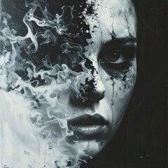 A portrait of a woman merges with smoke and textures, creating a surreal and emotive image. The focus is on the face