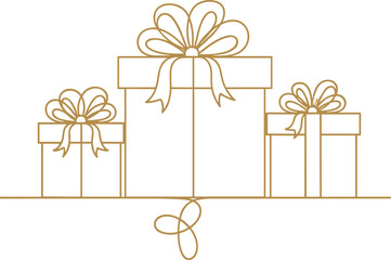 Elegant gold line art gift boxes with stylish bows, luxury present illustration for holidays, Christmas, birthdays, celebrations, festive decorative design