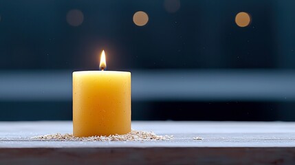 A lit yellow candle sits on a surface with scattered grains, with soft bokeh lights in the background.