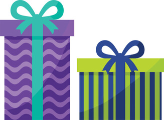 Colorful gift boxes with bows, featuring wavy and striped patterns in purple and green tones, perfect for celebration, holiday, birthday packaging design