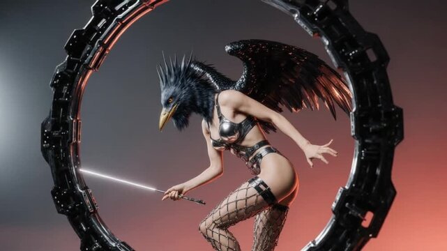 Mythical avian humanoid with wings and metallic armor wields a glowing staff near a portal.