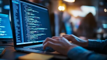Typing code on laptop keyboard in dark environment - Powered by Adobe