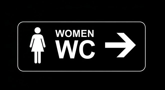 Black and white sign indicating the womens restroom with an arrow