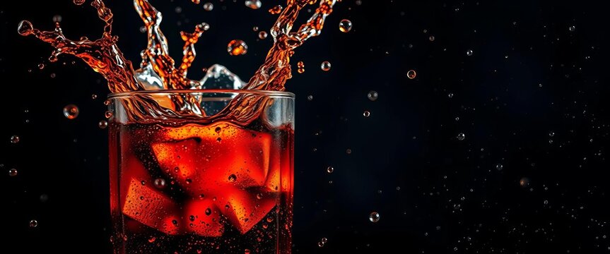 Dark cola splash, bubbly texture, refreshing drink background, cold, retro