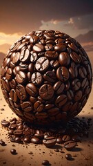 A sphere, meticulously crafted, formed entirely of roasted, brown beans, resting on a textured surface beneath a warm sunset