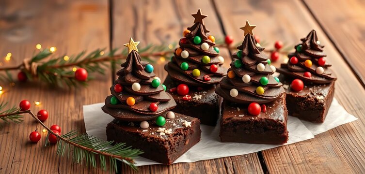 Festive homemade chocolate Christmas tree brownies on rustic wood, homemade, brownies