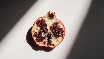 Half-cut pomegranate fruit with seeds on white surface under sunlight.