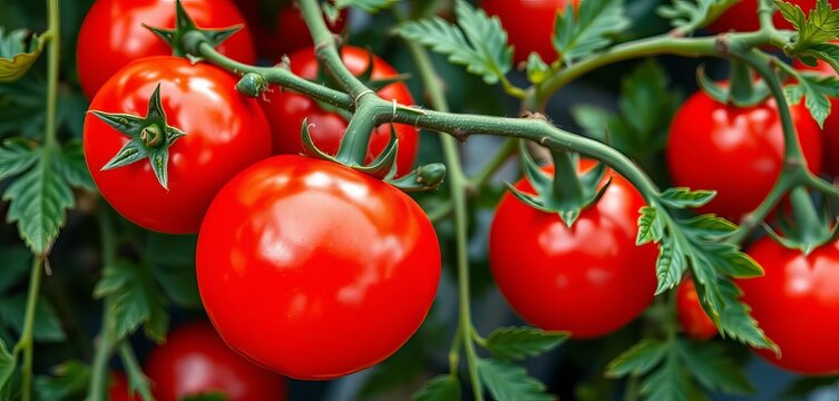 Luscious red tomatoes on the vine, glistening with freshness,   isolated,  color - Powered by Adobe