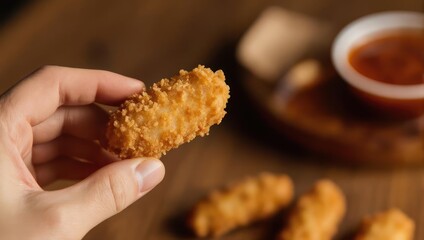 Crispy Chicken Tender Held in Hand with Dipping Sauce.