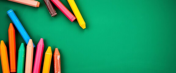 Vibrant colored chalks on a green chalkboard, educational or business concept,  class,  presentation