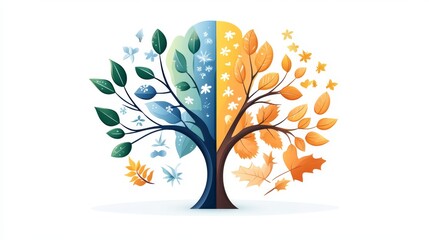 90.A vector illustration of a tree with four distinct seasons, isolated on a white background. The tree showcases vibrant spring flowers, lush green summer leaves, golden yellow autumn foliage, and