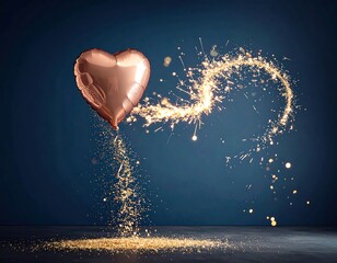 A rose-gold heart balloon floats against a dark blue backdrop, trailing sparks and golden particles