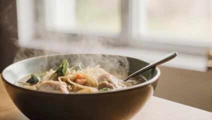 Steaming Bowl of Delicious Noodle Soup on a Table by a Window.